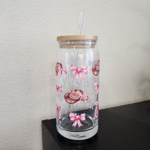 Cowgirl Coquette Pink Bows Ribbons 20 oz Glass Western Tumbler Cup Girly Cute - Picture 2 of 4